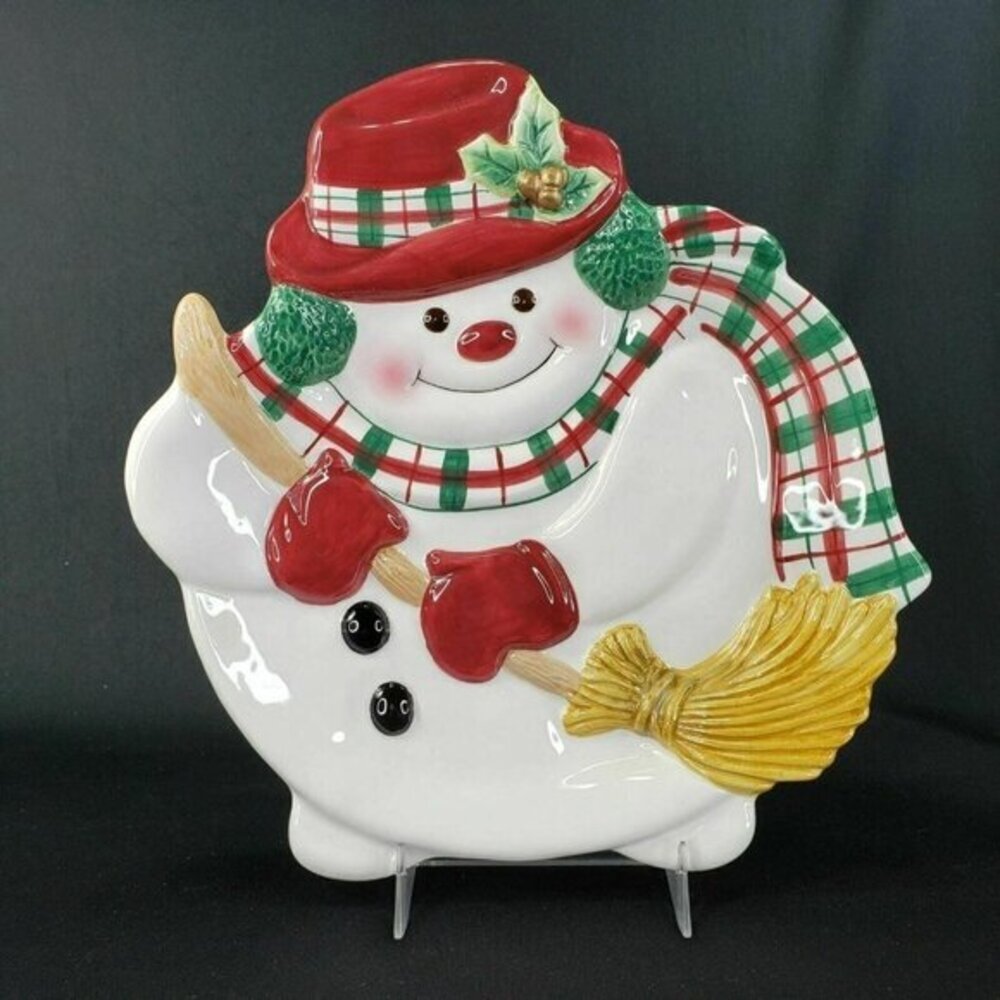 Fitz and‎ Floyd Plaid Christmas Snowman Candy Cookie Dish Canape Plate Embossed